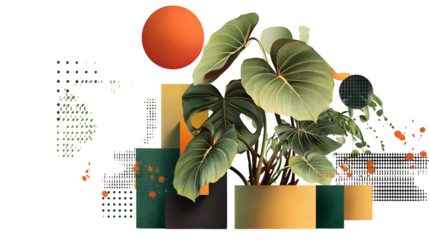 Tropical leaves and geometric shapes, isolated on transparent background