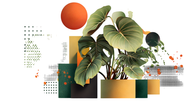 Tropical leaves and geometric shapes, isolated on transparent background