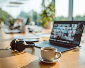 Virtual meetings concept shows Cozy workspace with a laptop, coffee cup, and headphones in bright, modern office setting.