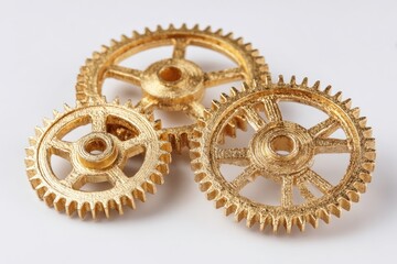 Gold gears interlocked on white background