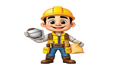 A yellow-helmeted 3D builder character is shown working with tools in a cartoon-style construction illustration