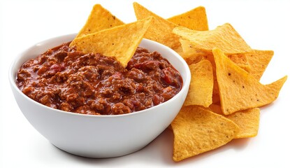 a bowl of mexican chili and tortilla chips on a white background, high-resolution photography