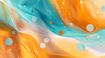 Abstract fluid art with swirling waves of orange and teal, with white and light blue circles and speckles, creating a dynamic and energetic composition