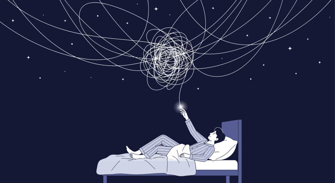 Conceptual illustration of a person in bed struggling with complex thoughts at night