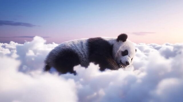 Giant panda peacefully sleeping amongst soft, ethereal clouds, a surreal and whimsical scene