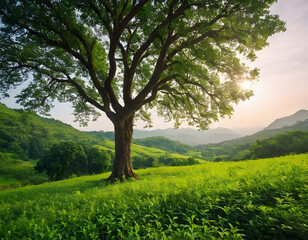 Fototapeta premium A scenic location with a beautiful natural green environment and professional photography. A tree in the meadow.