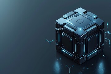 Futuristic black cube with glowing blue accents against a dark background, symbolizing technology