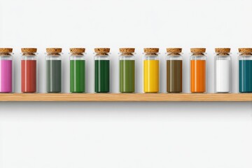 Colorful liquids in small glass bottles on a wooden shelf