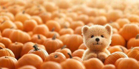 A cute bear plush toy sits among numerous orange pumpkins, creating a warm and whimsical autumn scene.