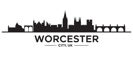 Obraz premium Worcester skyline horizontal banner. Worcester city, UK. Vector template for your design. Vector black silhouette. with white background