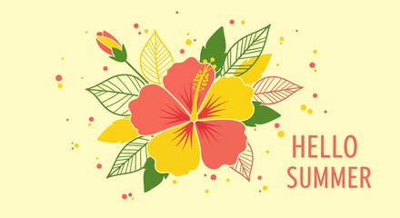 Vibrant hibiscus flower illustration with hello summer text for seasonal designs