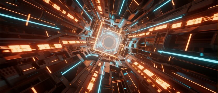 Futuristic tunnel with glowing neon lights and geometric shapes
