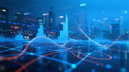 Digital City Landscape with Fluctuating Lines and Modern Buildings