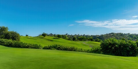 A beautiful golf course on a sunny day with rolling green hills and a clear blue sky.