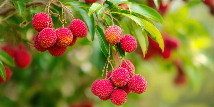 Close-up of vibrant red lychee fruits hanging on a tree branch