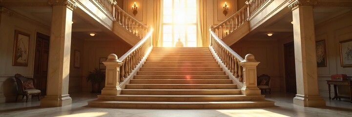 Dramatic Hollywood-style staircase ascending towards bright sunlight, elegant design, architectural detail, luxurious home interior , staircase, pathway