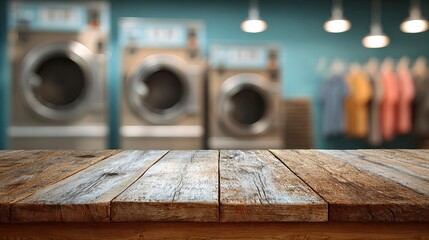 Wooden table in front of a row of laundry machines and colorful clothes hanging, suggesting a laundromat setting.