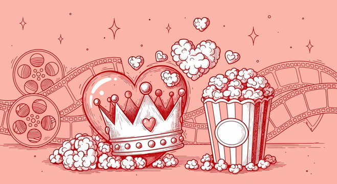 A whimsical sketch of a romantic movie night featuring hearts, popcorn, and film reels