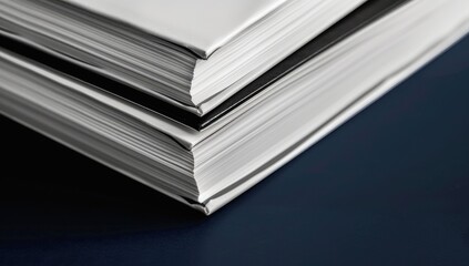 Close-up of stacked, pristine white books on a dark blue surface, highlighting their clean edges