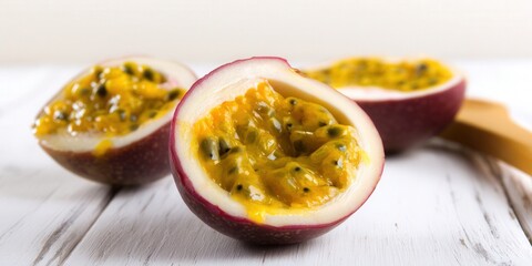 Freshly cut passion fruit revealing the vibrant yellow pulp and tiny seeds on a white wooden table.