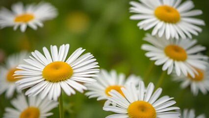 Obraz premium Close-up of fresh daisies with a soft green backdrop, natural light enhancing their delicate beauty.