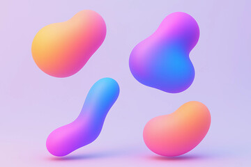 Collection of vibrant 3D gradient abstract blobs, fluid colorful shapes floating on soft pastel background, modern digital resources.