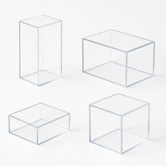 Minimal 3D wireframe cubes isolated on white, modern geometric abstract line shapes for mockups, product design and digital resources.