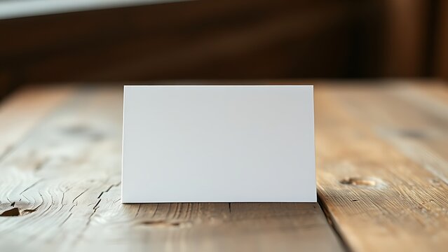 Blank greeting card resting on a rustic wooden surface with warm ambient light.