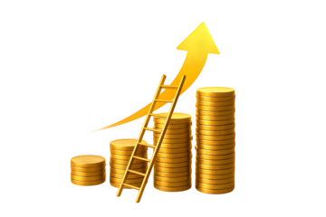 Golden Ladder Climbing Coin Stacks Toward Upward Arrow Isolated on Transparent Background