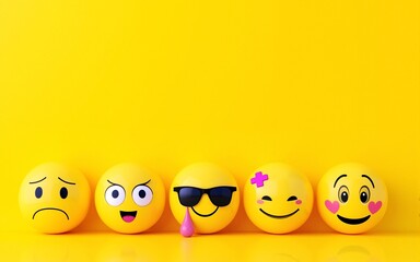 Emoji expressions showcase on world emoji day, a collection of diverse yellow smiley faces with various accessories like sunglasses, medical mask, and glasses on a vibrant yellow background