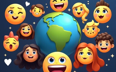 Emojis and faces from diverse backgrounds surround a planet Earth world emoji day. High quality