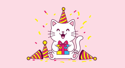 Naklejka premium Charming cartoon cat celebrating a birthday with gift and party hats in a festive scene