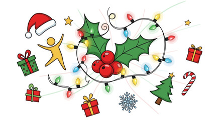 Cheerful christmas decoration with gifts presents and christmas lights vector graphic illustration