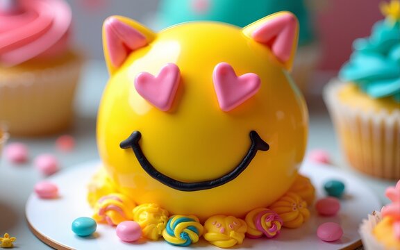 smiley face emoji cake with colorful frosting on world smile day sweet dessert celebration concept of happy baking joy and positivity. High quality - Powered by Adobe