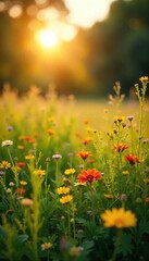 Obraz premium Golden hour sunlight bathes a vibrant summer landscape, illuminating wildflowers and lush green grass Perfect for summer themes, travel, nature, and vacation imagery , ecology, tranquility