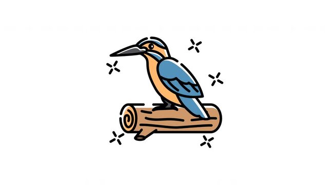 Combining the elements kingfisher icon motion shows a vibrant kingfisher bird perched on a wooden log branch.