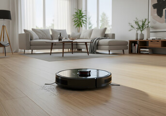 Robotic vacuum cleaner in modern living room