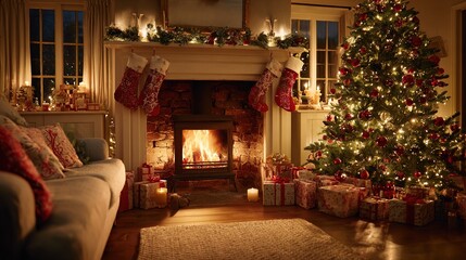 Warm Cozy Living Room Decorated for Christmas with Tree, Fireplace, and Stockings