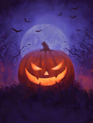 Obraz premium An atmospheric Halloween illustration featuring a spooky, glowing pumpkin against a misty full moon and dark, bare trees. This vibrant, spooky artwork is great for posters and seasonal designs.