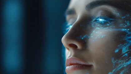 Calm expression with biometric scan showing mindfulness levels in real time cyber blue and silver glow