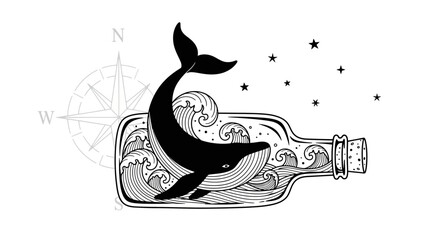 Fototapeta premium Captivating monochrome vector art: A whale nestled in a bottle amidst ocean waves