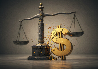 Shattered dollar sign on balance scale