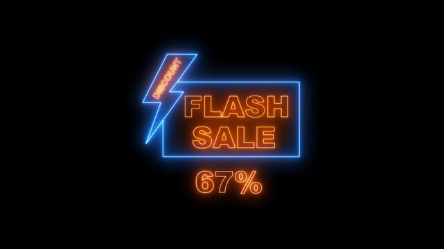 Neon Flash Sale Discount 67 Percent Sign With Lightning Bolt On Black Background promotion