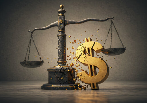Shattered dollar sign on balance scale - Powered by Adobe