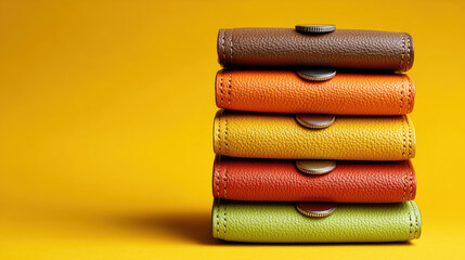 Colorful stack of leather wallets arranged neatly on vibrant yellow background