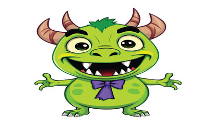 A funny green monster character with big teeth is illustrated as a cute cartoon beast