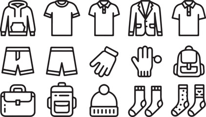 Clothing and Accessories Icons Set Hoodie T-Shirt Shorts Gloves Backpack Briefcase Socks