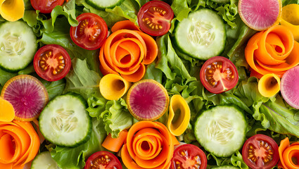 A vibrant and colorful salad with fresh vegetables, including lettuce, tomatoes, cucumbers, carrots, and radishes arranged in an artistic manner