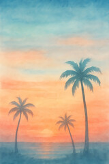 Fototapeta premium Watercolor Summer Horizon with Palm Tree Silhouettes and Soft Blended Sunset