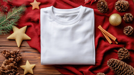 Christmas flat lay mockup with white t-shirt folded on red cloth and wooden desk, surrounded by pinecones, cinnamon sticks, golden star ornaments, top view with blank area.